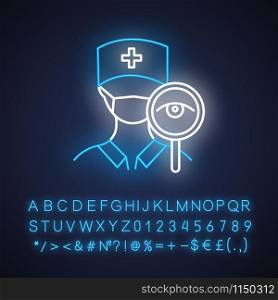 Doctor visit neon light icon. Common cold aid. Clinic and hospital worker with stethoscope. General examination. Glowing sign with alphabet, numbers and symbols. Vector isolated illustration