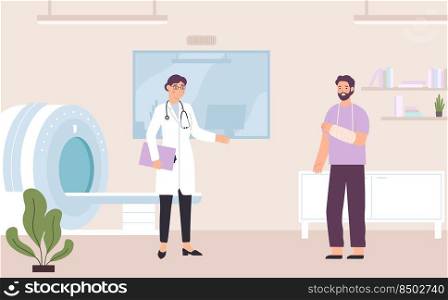 Doctor visit. Patient with broken arm coming for magnetic resonance imaging. Male character having appointment at hospital, examining hand on tomography, medical worker inviting for scanning vector. Doctor visit. Patient with broken arm coming for magnetic resonance imaging. Male character having appointment