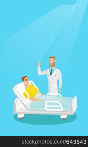 Doctor visiting a patient in a hospital room. Doctor pointing with his finger up during a consultation with a patient who lying in a hospital bed. Vector flat design illustration. Vertical layout.. Doctor visiting a patient vector illustration.