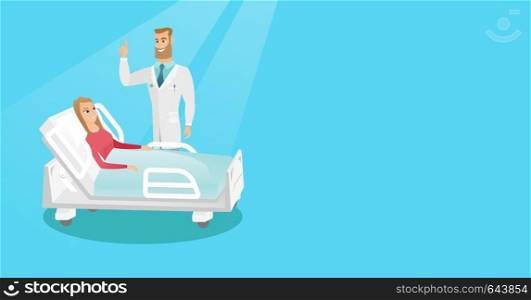 Doctor visiting a patient in a hospital room. Doctor pointing with his finger up during a consultation with a patient who lying in a hospital bed. Vector flat design illustration. Horizontal layout.. Doctor visiting a patient vector illustration.