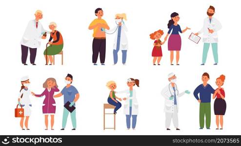 Doctor visiting. Cartoon doctors, woman examining in hospital. Patient talking with nurse, medicine family and elderly people vector set. Illustration woman doctor in hospital, examination and visit. Doctor visiting. Cartoon doctors, woman examining in hospital. Patient talking with nurse, decent medicine for family and elderly people vector set