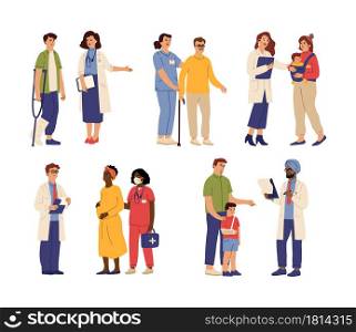 Doctor visiting. Medical help, hospital nurse caring patient. People health diagnosis, consultation with swanky medicine worker vector set. Illustration examination patient, medicine exam physician. Doctor visiting. Medical help, hospital nurse caring patient. People health diagnosis, consultation with swanky medicine worker vector set