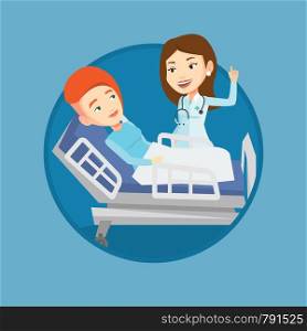 Doctor visiting patient. Doctor pointing finger up during visiting of patient. Woman lying in hospital bed while doctor visits her. Vector flat design illustration in the circle isolated on background. Doctor visiting patient vector illustration.