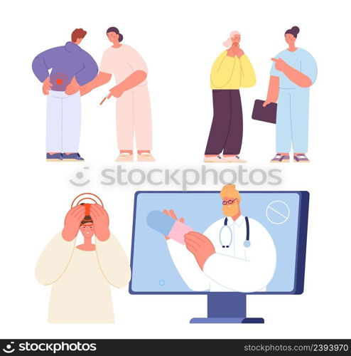 Doctor visiting. People with pain and medical person with painkillers. Telemedicine, family doctors and nurses. Online pills buy, hospital vector characters. Illustration of patient with pain in back. Doctor visiting. People with pain and medical person with painkillers. Telemedicine, family doctors and nurses. Online pills buy, hospital vector characters