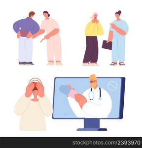 Doctor visiting. People with pain and medical person with painkillers. Telemedicine, family doctors and nurses. Online pills buy, hospital vector characters. Illustration of patient with pain in back. Doctor visiting. People with pain and medical person with painkillers. Telemedicine, family doctors and nurses. Online pills buy, hospital vector characters