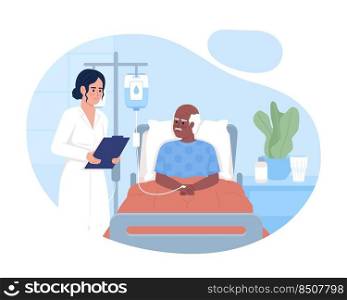 Doctor visiting senior patient in ward 2D vector isolated illustration. Medicine and treatment flat characters on cartoon background. Healing colourful editable scene for mobile, website, presentation. Doctor visiting senior patient in ward 2D vector isolated illustration