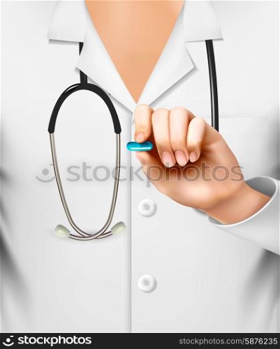 Doctor with a stethoscope, holding a pill. Vector.
