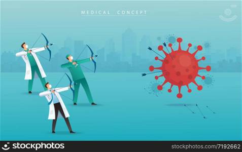 doctor with bow aiming the Coronavirus Covid-19 vector illustration EPS10