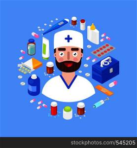 Doctor with different medical equipment. Health care concept