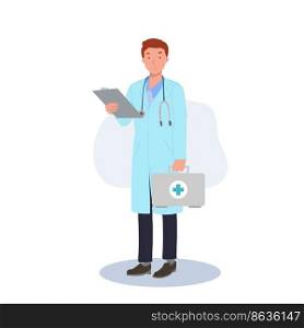 Doctor with First Aid Kit and clipboard in hands .Male characters work in Hospital. Male medical characters. Vector illustration