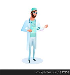 Doctor with Glasses Holds Virtual Medical Card. Male Character Therapist in Medical Uniform Examines Result of Examination. Medicine Technology of Future. Flat Cartoon Vector Illustration. Doctor with Glasses Holds Virtual Medical Card