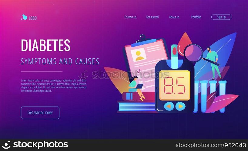 Doctor with magnifier and blood glucose testing meter. Diabetes mellitus, type 2 diabetes and insulin production concept on white background. Website vibrant violet landing web page template.. Diabetes mellitus concept landing page.