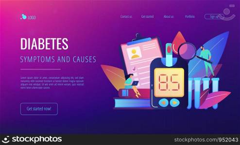 Doctor with magnifier and blood glucose testing meter. Diabetes mellitus, type 2 diabetes and insulin production concept on white background. Website vibrant violet landing web page template.. Diabetes mellitus concept landing page.
