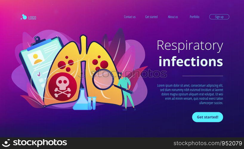 Doctor with magnifier and lungs with skull and crossbones. Lower respiratory infections, pneumonia, lungs infection concept on white background. Website vibrant violet landing web page template.. Lower respiratory infections concept landing page.