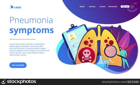 Doctor with magnifier and lungs with skull and crossbones. Lower respiratory infections, pneumonia, lungs infection concept on white background. Website vibrant violet landing web page template.. Lower respiratory infections concept landing page.