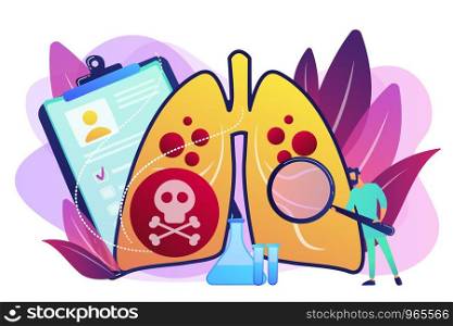 Doctor with magnifier and lungs with skull and crossbones. Lower respiratory infections, pneumonia, lungs infection concept on white background. Bright vibrant violet vector isolated illustration. Lower respiratory infections concept vector illustration.