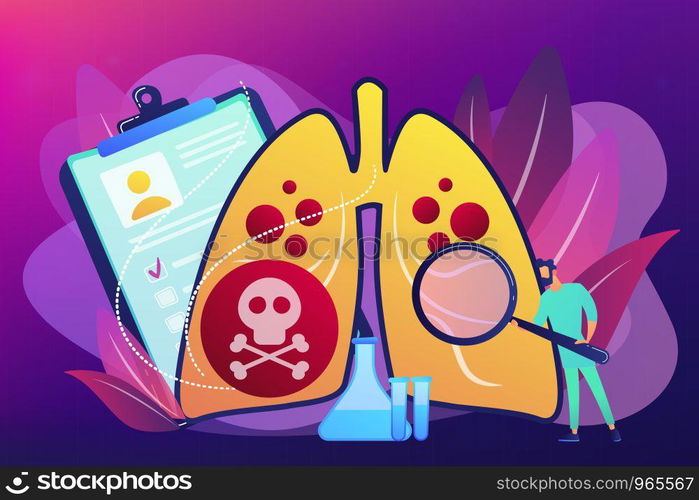 Doctor with magnifier and lungs with skull and crossbones. Lower respiratory infections, pneumonia, lung infection concept on ultraviolet background. Bright vibrant violet vector isolated illustration. Lower respiratory infections concept vector illustration.