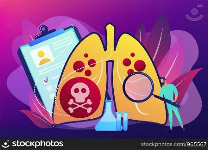 Doctor with magnifier and lungs with skull and crossbones. Lower respiratory infections, pneumonia, lung infection concept on ultraviolet background. Bright vibrant violet vector isolated illustration. Lower respiratory infections concept vector illustration.