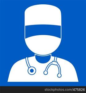 Doctor with mask icon white isolated on blue background vector illustration. Doctor with mask icon white