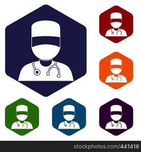 Doctor with mask icons set hexagon isolated vector illustration. Doctor with mask icons set hexagon