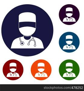Doctor with mask icons set in flat circle red, blue and green color for web. Doctor with mask icons set