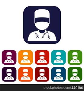 Doctor with mask icons set vector illustration in flat style In colors red, blue, green and other. Doctor with mask icons set flat
