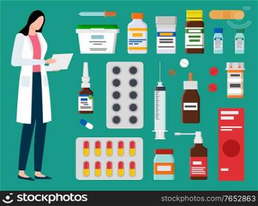 Doctor with medicine vector, medical worker isolated. Clinical help and diagnosis of sickness professional care and treatment, syringe and spray pills. Woman Doctor Reading Patients History Drugs Set