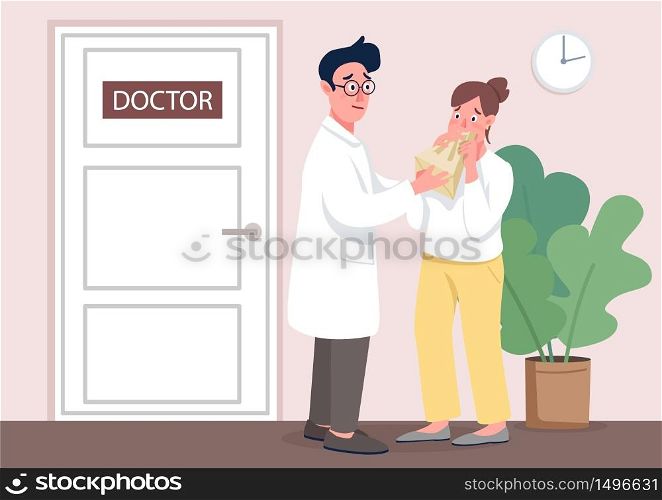 Doctor with patient flat concept vector illustration. Psychologist and woman with panic attack 2D cartoon character for web design. Stress management, anxiety disorder treatment, psychotherapy. Doctor with patient flat concept vector illustration