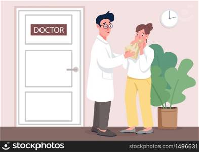Doctor with patient flat concept vector illustration. Psychologist and woman with panic attack 2D cartoon character for web design. Stress management, anxiety disorder treatment, psychotherapy. Doctor with patient flat concept vector illustration