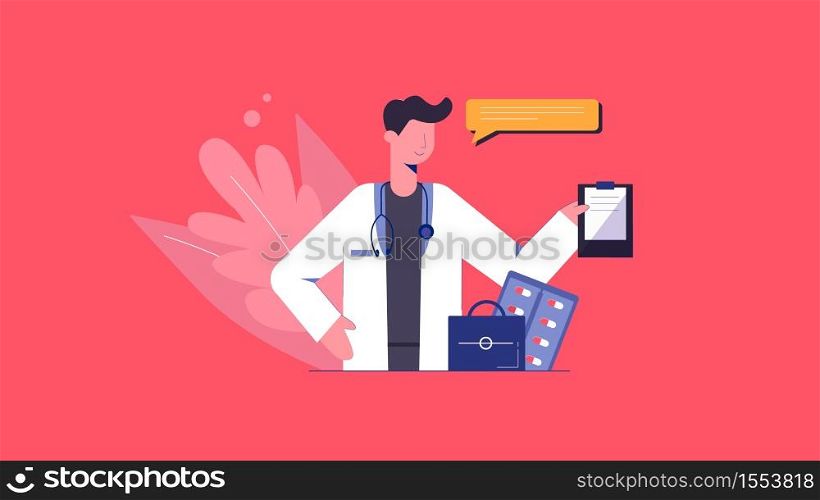 Doctor with prescription illustration. Physician gives recommendations on treatment and prevention of coronavirus professional presentation of vector healthcare developments.. Doctor with prescription illustration. Physician gives recommendations on treatment.