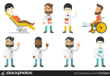 Doctor with stethoscope and folder. Doctor carrying folder of patient information. Doctor holding folder with medical information. Set of vector flat design illustrations isolated on white background.. Vector set of doctor characters and patients.