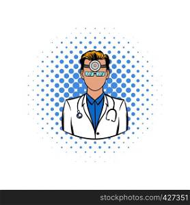 Doctor with stethoscope and reflector frontal of otolaryngologist comics icon on a white background . Doctor with stethoscope