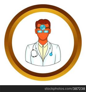 Doctor with stethoscope and reflector frontal of otolaryngologist vector icon in golden circle, cartoon style isolated on white background. Doctor with stethoscope vector icon