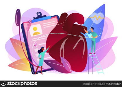 Doctor with stethoscope listening to huge heart beat. Ischemic heart disease, heart disease and coronary artery disease concept on white background. Bright vibrant violet vector isolated illustration. Ischemic heart disease concept vector illustration.