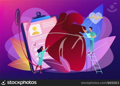 Doctor with stethoscope listening to huge heart beat. Ischemic heart disease, heart and coronary artery disease concept on ultraviolet background. Bright vibrant violet vector isolated illustration. Ischemic heart disease concept vector illustration.