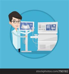 Doctor with ultrasound scanner in hand. Operator of ultrasound scanning machine. Doctor working on modern ultrasound equipment. Vector flat design illustration in the circle isolated on background.. Male ultrasound doctor vector illustration.