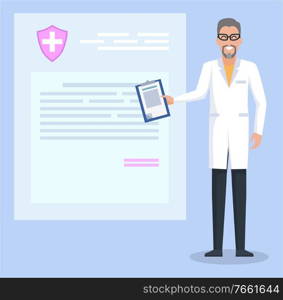 Doctor working at hospital. Man explore patient medical history, card with diseases. Physician hold notepad with document in hands. Person look at health insurance map. Vector illustration in flat. Doctor Hold Notepad with Medical Insurance Card