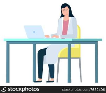 Doctor working with laptop, nurse character using computer, clinic workplace. Portrait view of medical employee at cabinet, hospital consultation. Vector illustration in flat cartoon style. Hospital Consultation, Doctor with Laptop Vector