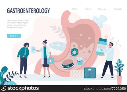 Doctor writes prescription for girl. Poor digestion from unhealthy food. Female character at gastroenterologist appointment. Treatment disease concept. Landing page template. Flat vector illustration. Doctor writes prescription for girl. Poor digestion from unhealthy food. Female character at gastroenterologist appointment