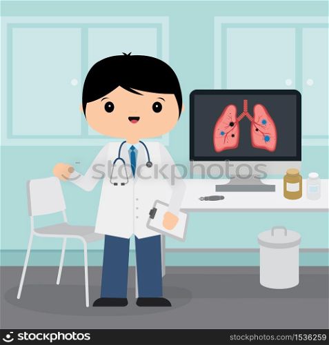 Doctor young man working in the room at hospital. Medical concept in vector illustration cartoon character design.