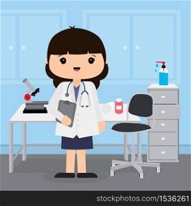 Doctor young woman working in the room at hospital. Medical concept in vector illustration cartoon character design.