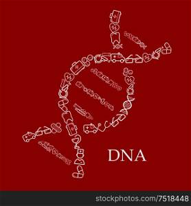 Doctors, ambulances, first aid kits, pills, syringes, stethoscopes, thermometers, hearts with pulse, teeth, microscopes, test tubes, glasses and plasters thin line icons in a shape of DNA helix. Linear medical icons creating a symbol of DNA