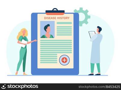 Doctors analyzing patients disease history. Practitioner work, physician job, diagnosis. Flat vector illustration. Medicine, hospital, treatment concept for banner, website design or landing web page