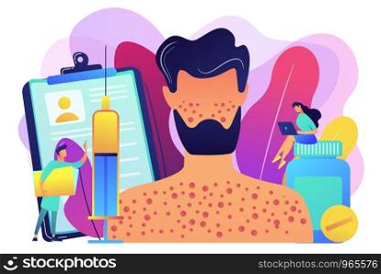 Doctors and male patient with rush on skin allergic to pills and a syringe. Drug allergy, triggers of drug allergies, allergy risk factors concept. Bright vibrant violet vector isolated illustration. Drug allergy concept vector illustration.