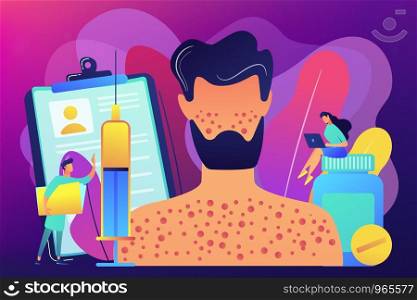 Doctors and male patient with rush on skin allergic to pills and a syringe. Drug allergy, triggers of drug allergies, allergy risk factors concept. Bright vibrant violet vector isolated illustration. Drug allergy concept vector illustration.