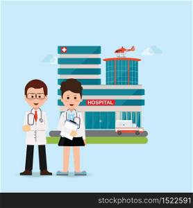 Doctors and nurse standing in front of hospital building with ambulance and helicopter, Man and woman medical staff, medical health care cartoon character flat design vector illustration.