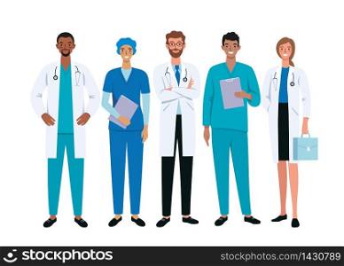Doctors and nurses cartoon characters on white background. Stop coronavirus
