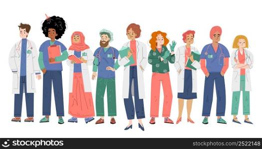Doctors and nurses team. Diverse people in medical uniform with stethoscope and clipboard. Vector flat illustration of professional workers in health clinic, hospital or medicine center. Doctors and nurses team, diverse medical staff