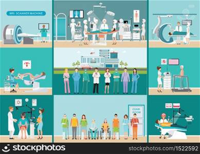 Doctors and patients in hospitals, Medical services, dental care, x-ray, Orthopedic clinics, MRI scanner machine, ophthalmic testing device machine, C Arm X-Ray, health care conceptual vector illustration.