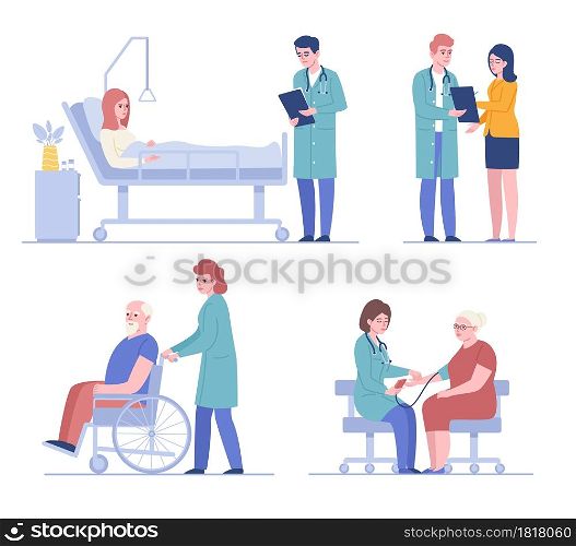 Doctors and patients. Medical staff and clinic visitors, people examination, diseases treatment, health care and hospitalization, patients and doctors vector set. Doctors and patients. Medical staff and clinic visitors, people examination, diseases treatment, health care and hospitalization. Vector set